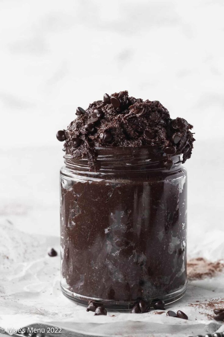 A glass jar of edible brownie batter.