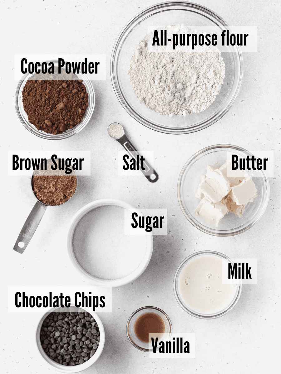 edible brownie batter ingredients laid out on a table with text overlay.