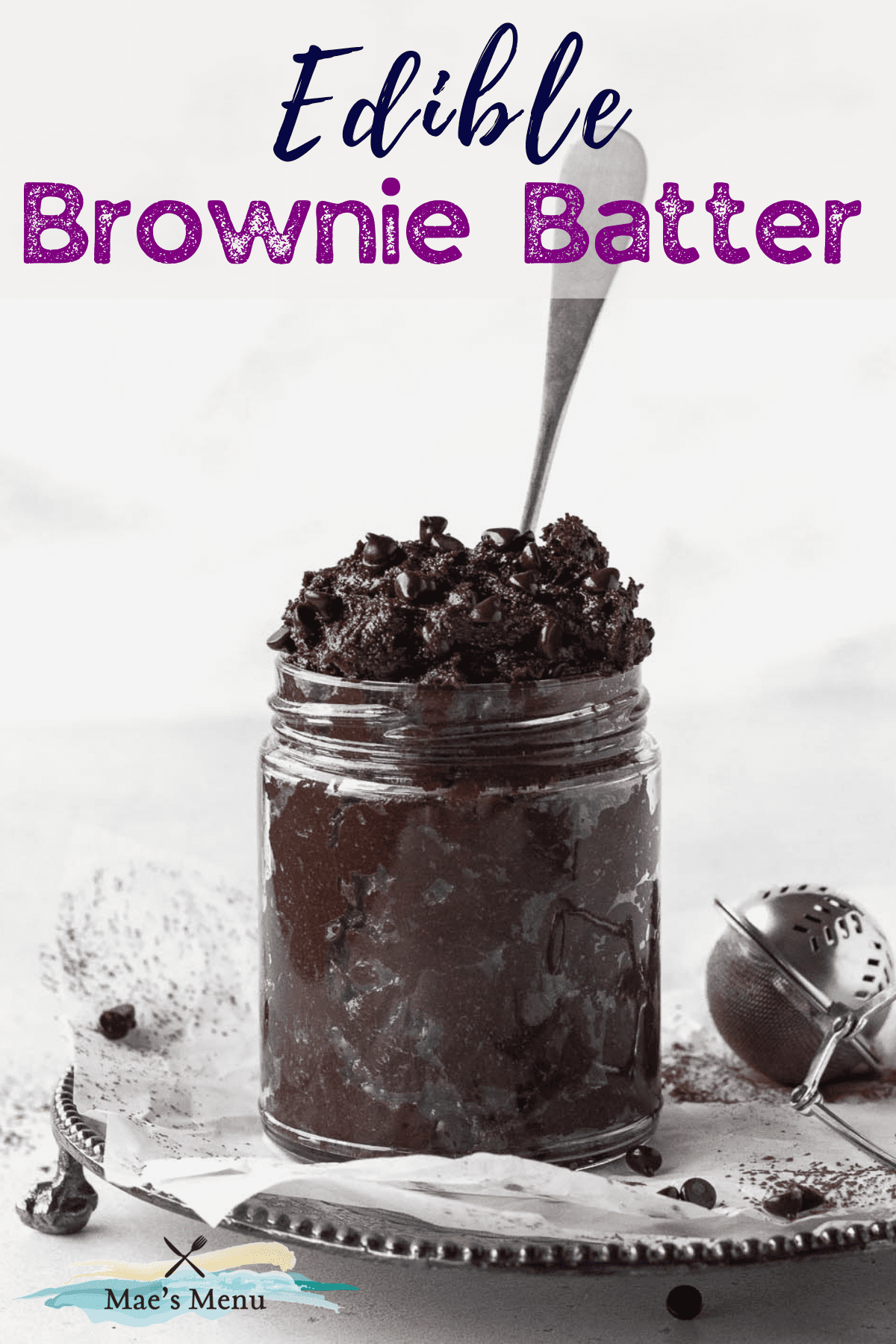vertical pin of a jar of edible brownie batter with text overlay.