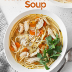 vertical pin of a bowl of gluten-free chicken noodle soup with text overlay and the logo for Mae's Menu in the corner.