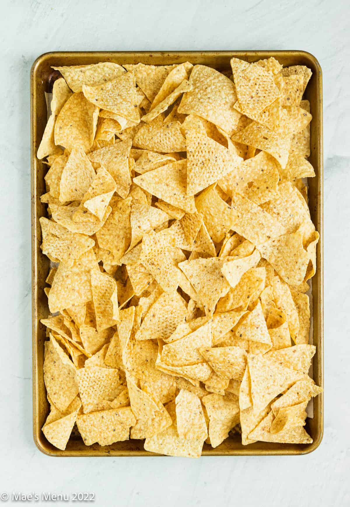 A baking sheet of tortilla chips.