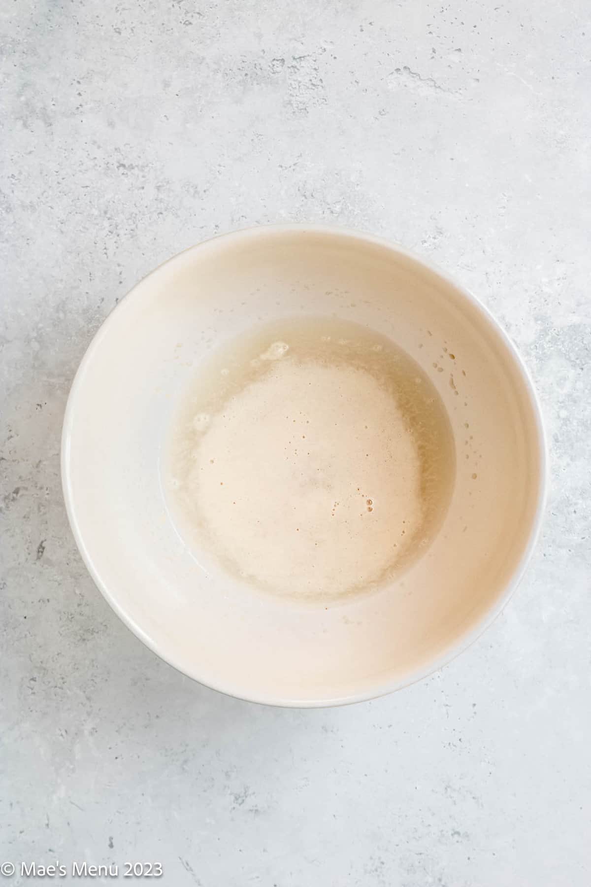 The yeast blooming in a mixing bowl with warm water.