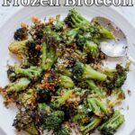 A pinterest pin for air fryer frozen broccoli with an overhead shot of a white plate of the broccoli