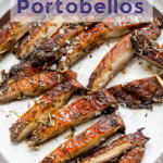 A pinterest pin for air fryer portobellos with a shot of the sliced portbellos on a silver plate.
