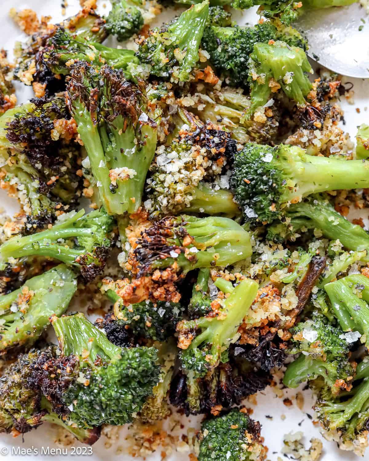 An up-close shot of the air fryer broccoli.