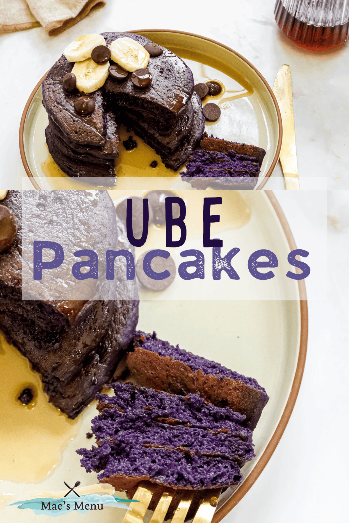 A pinterest pin for ube pancakes with an overhead shot of a plate of pancakes and an up-close shot of a forkful of pancakes.