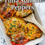 A pinterest pin for tuna stuffed peppers.