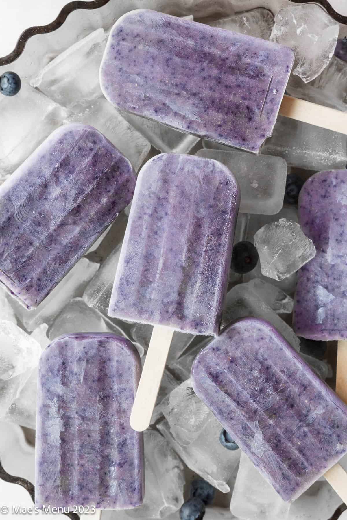 A closeup of frozen protein popsicles on ice with blueberries.