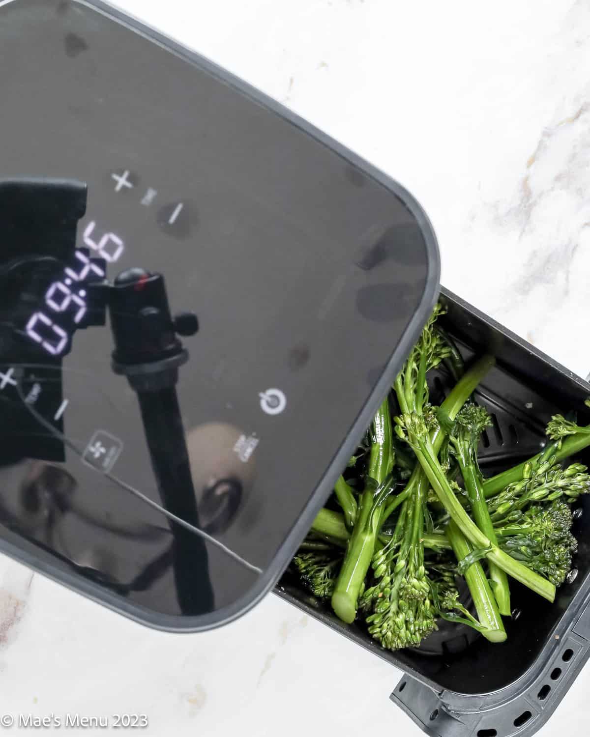 Adding the broccolini to the air fryer.