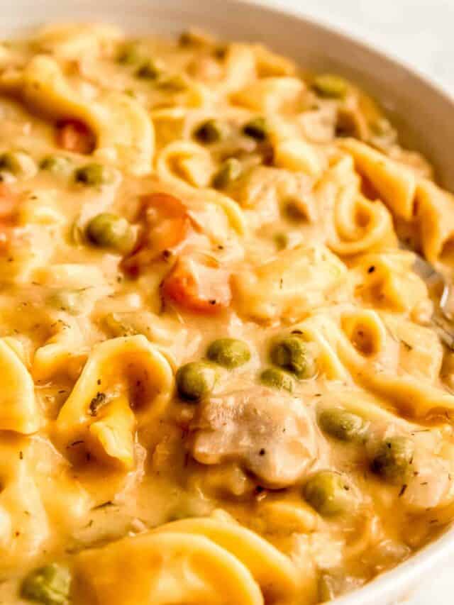 A closeup angled shot of a large white serving bowl of instant pot tuna casserole.