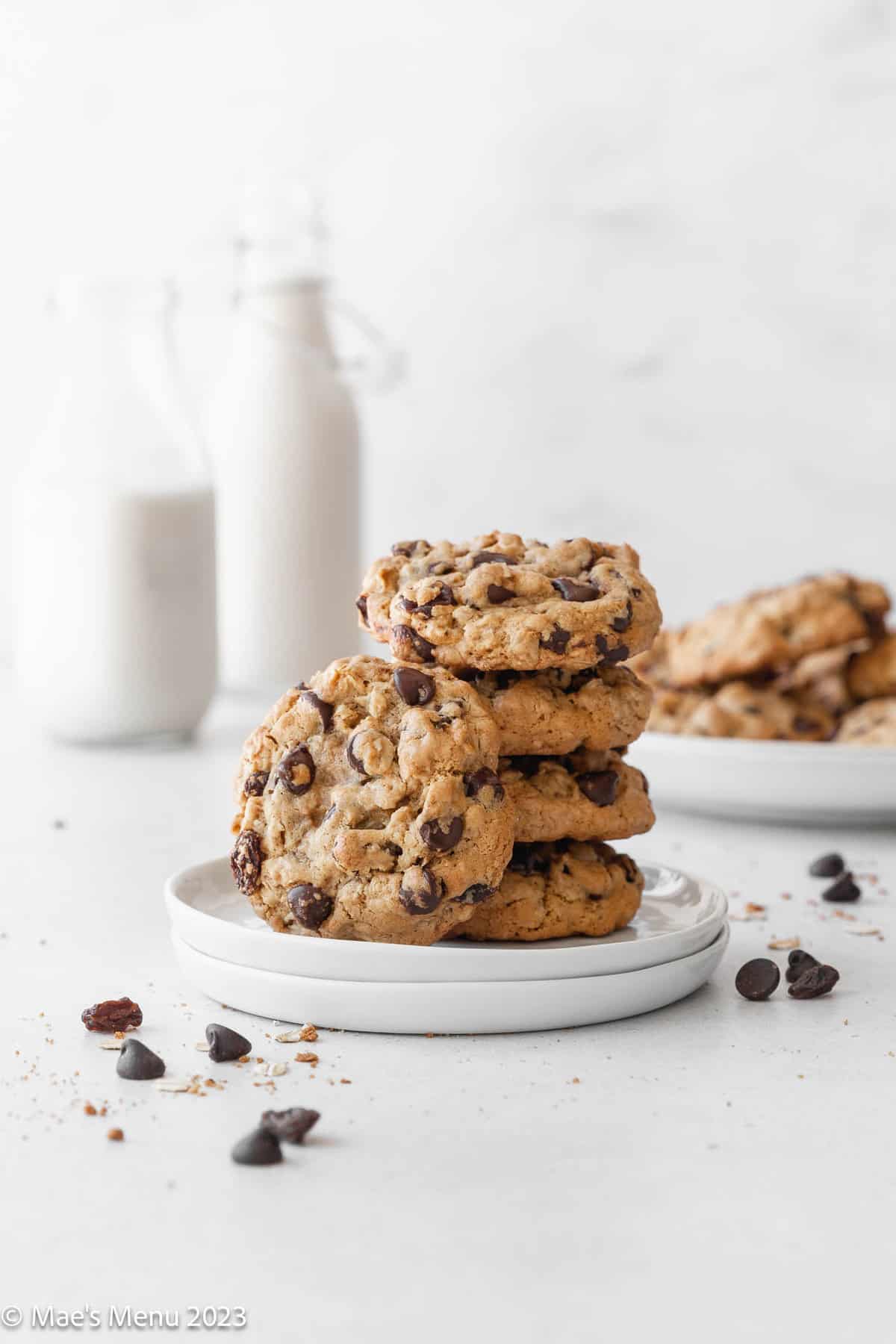 A stack of oatmeal raisin chocolate chip cookies on a white plate with chocolate chips and oatmeal on the counter.