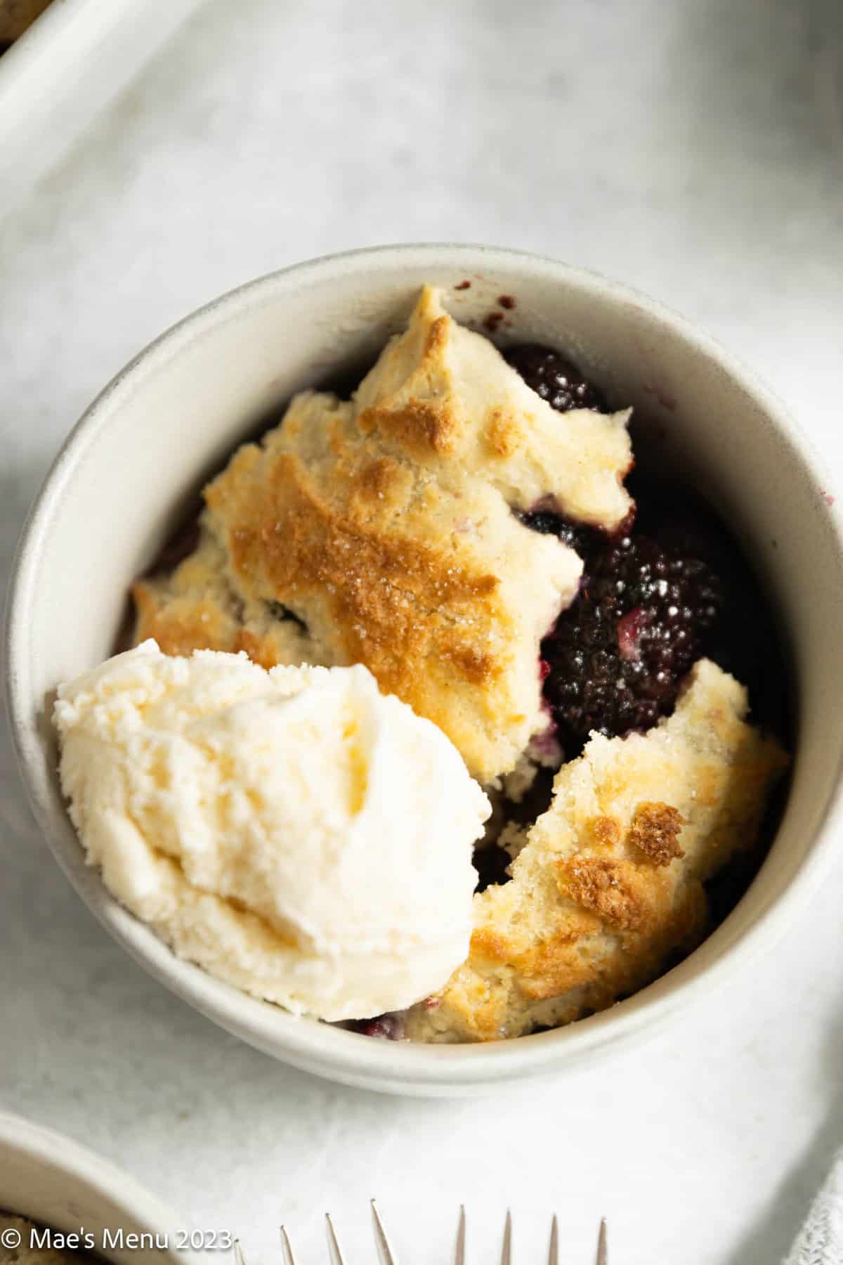 An up-close shot of gluten-free blackberry cobbler in a small dish with ice cream.