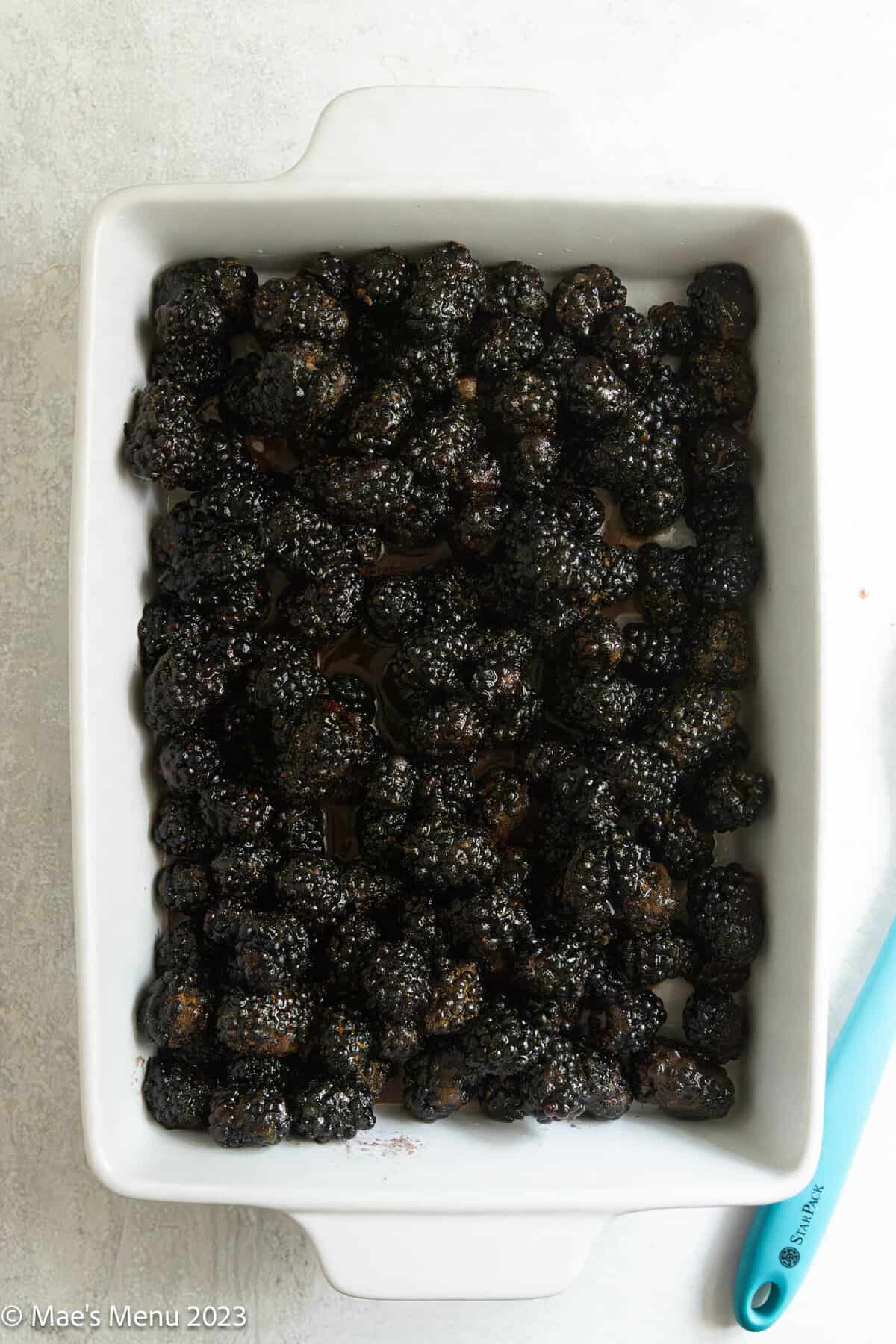 Seasoned blackberries in a white ceramic baking pan.