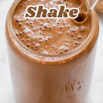 A pinterest pin for mocha protein shake with a closeup shot of the smoothie on the counter.