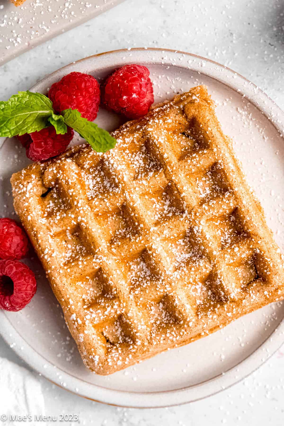Overhead shot of a small plate with dairy-free waffles and raspberries with mint.