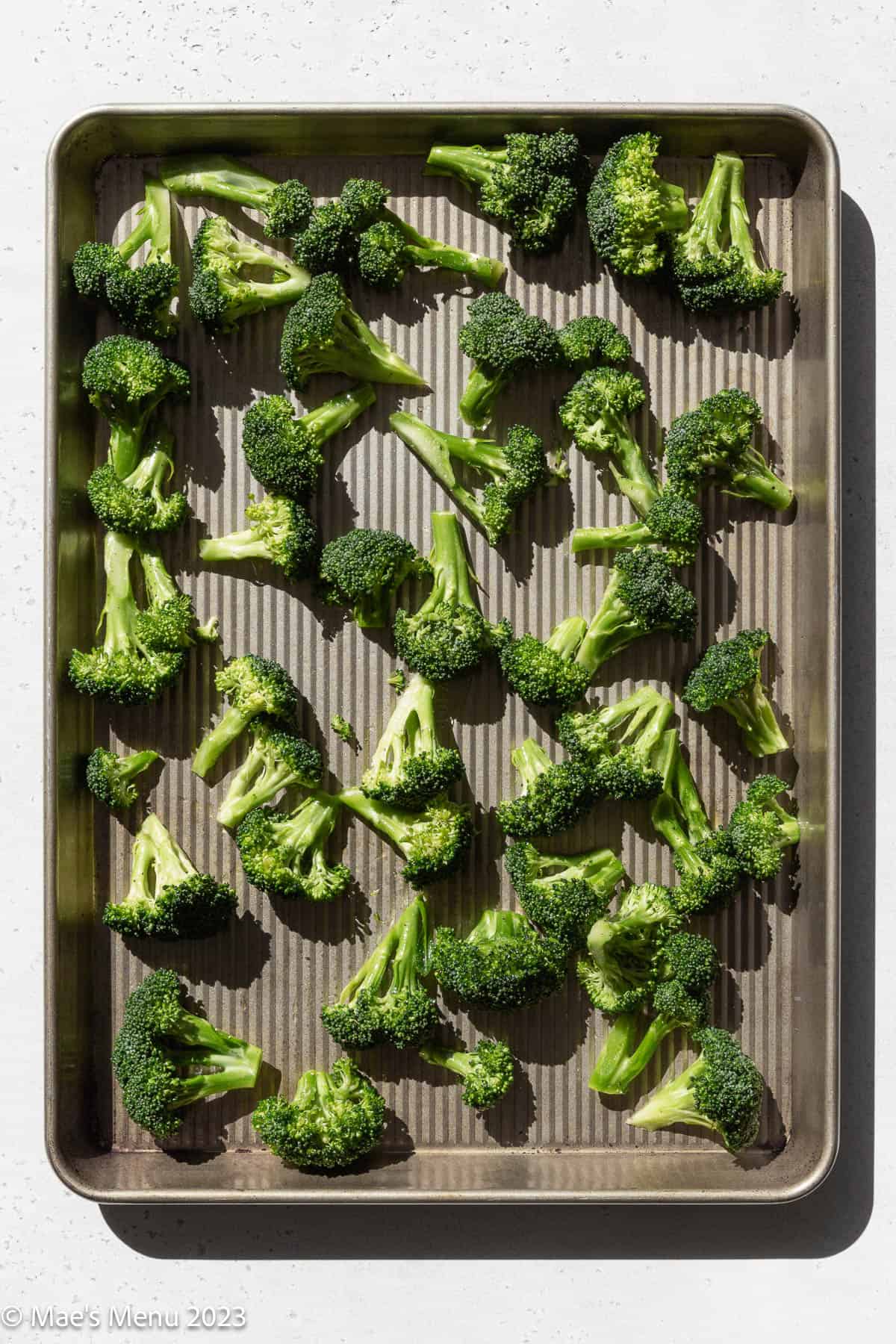 Seasoned broccoli on a sheet pan before roasting.