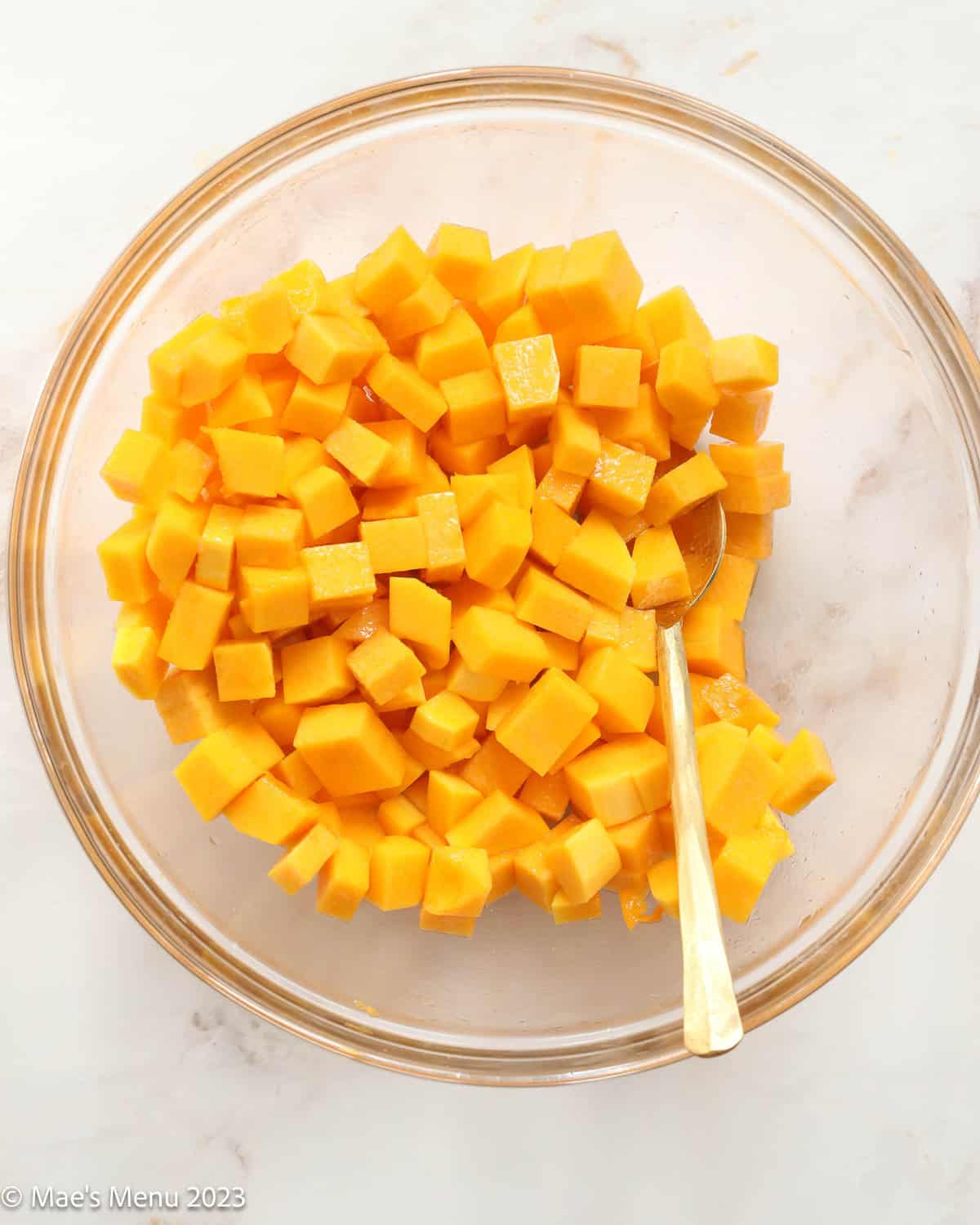 A mixing bowl of cubed air fryer butternut squash with a gold spoon.