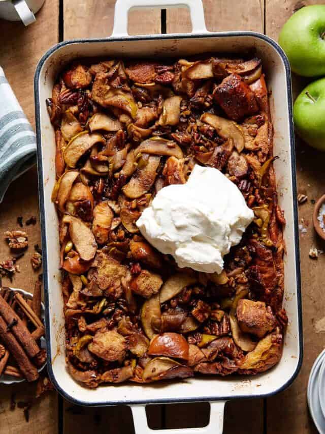 An overhead shot of a pan of apple bread pudding.