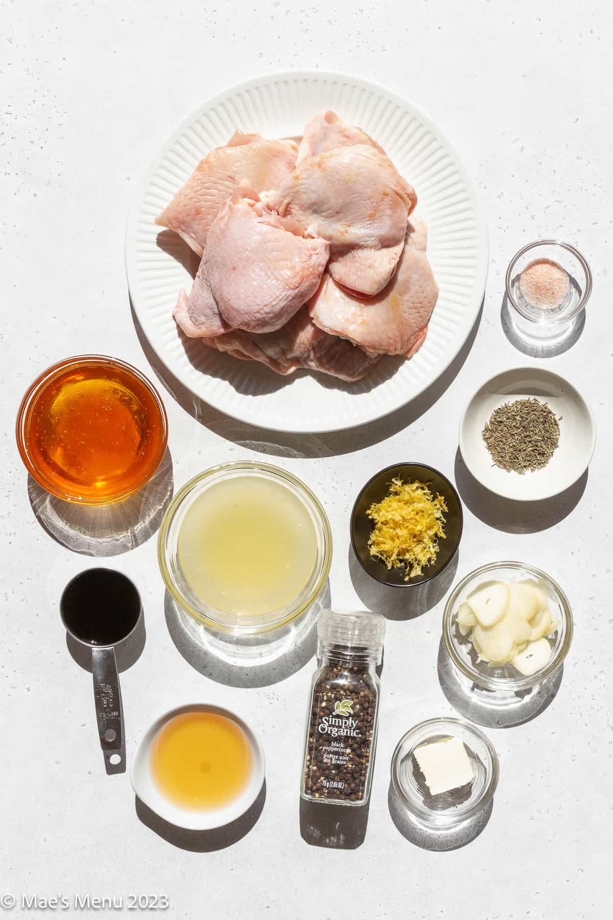 All of the ingredients for honey garlic lemon pepper chicken thighs.