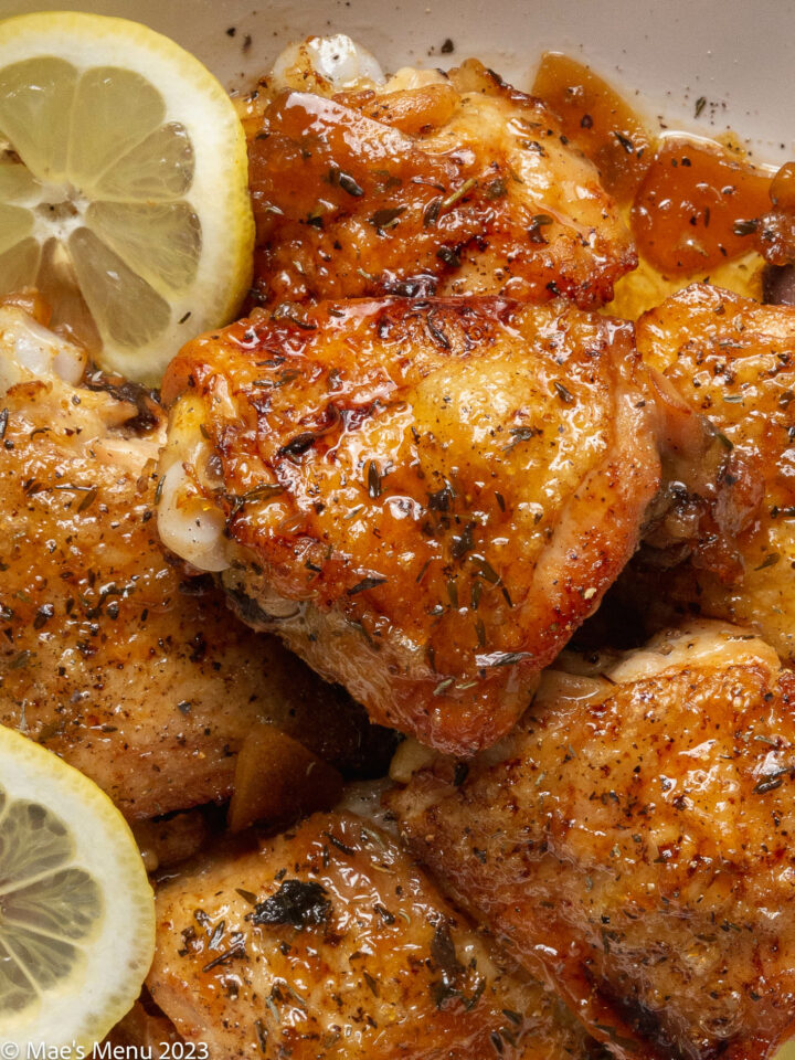 Closeup shot of honey garlic lemon pepper chicken.
