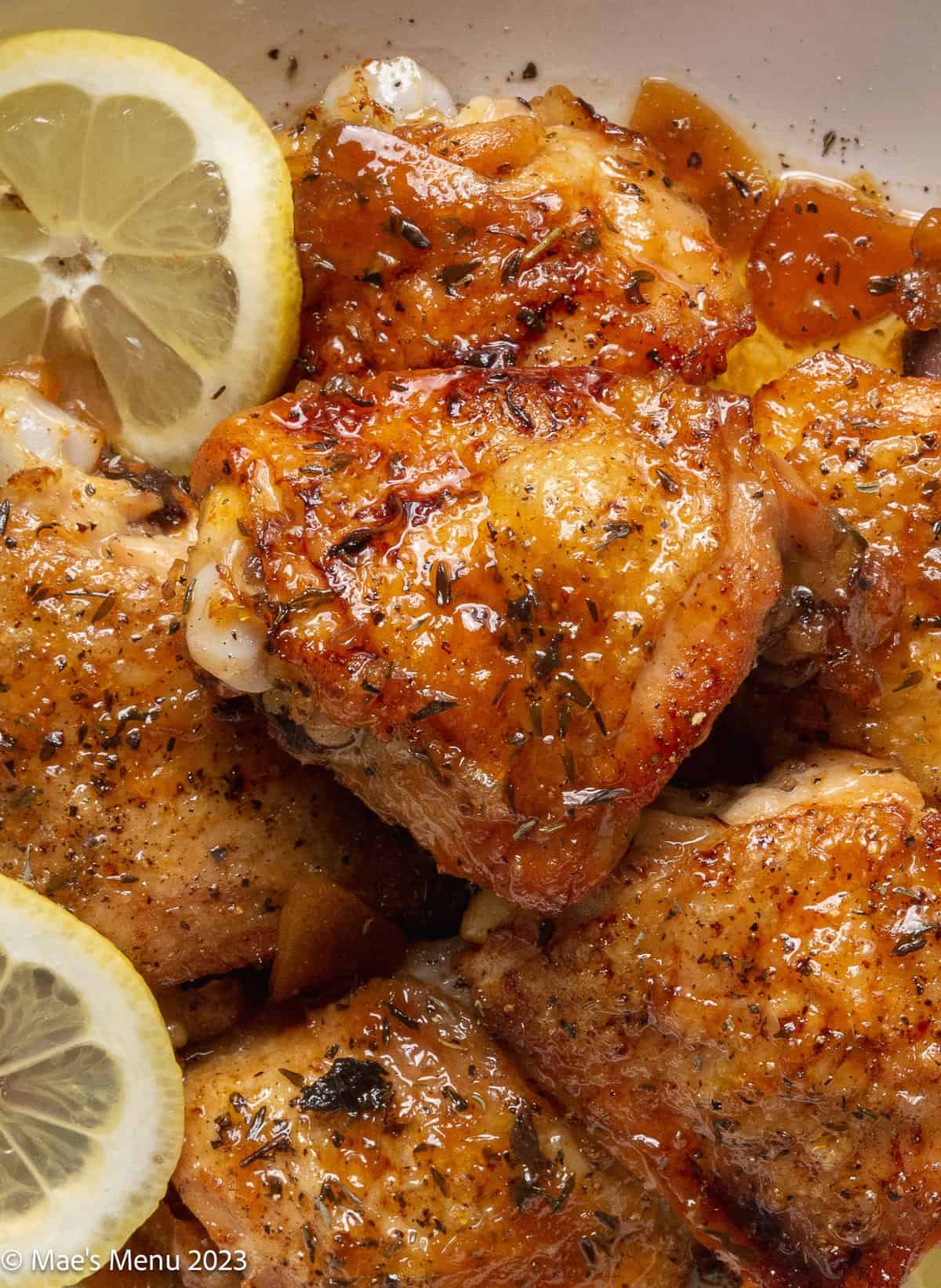 Closeup shot of honey garlic lemon pepper chicken.