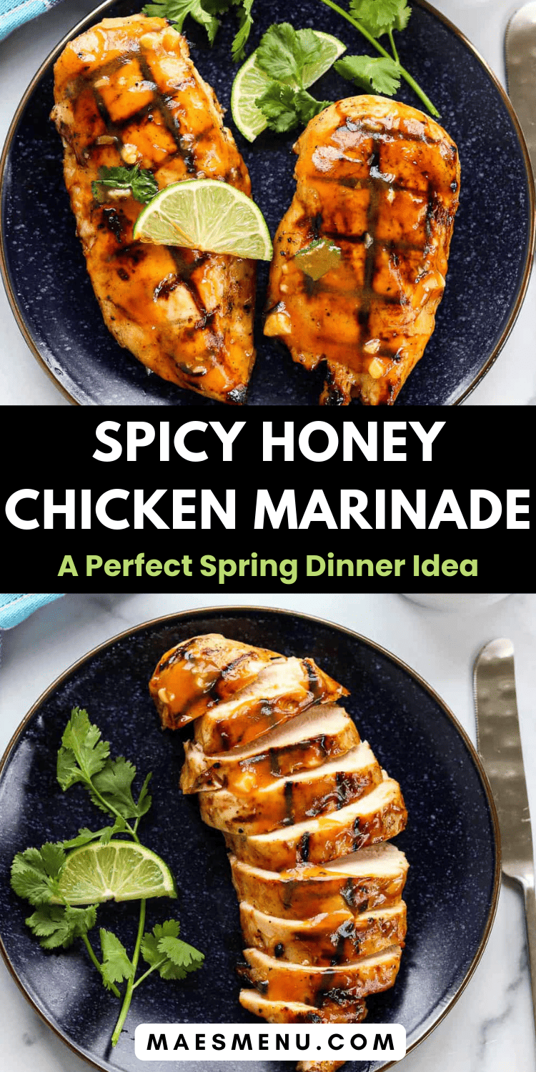 A pinterest pin for spicy honey chicken marinade.