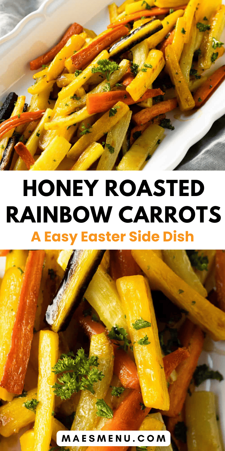 A pinterest description for honey roasted rainbow carrots.