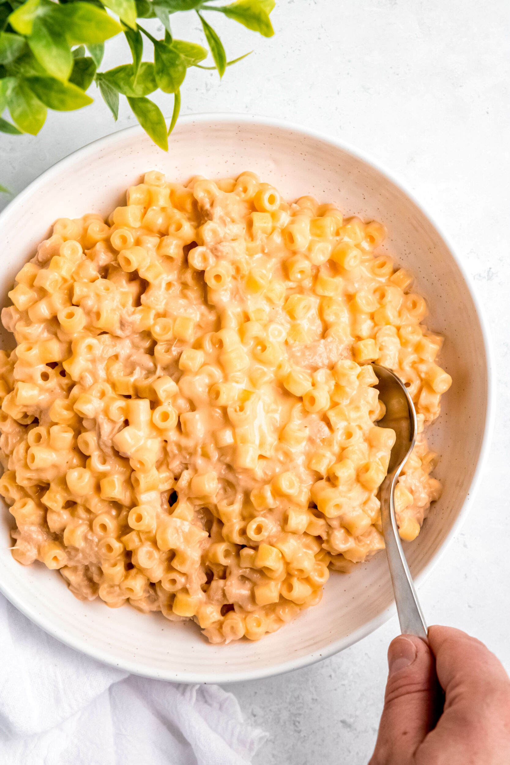 An overhead shot of a large bowl of tuna mac and cheese with a hand holding a spoon.