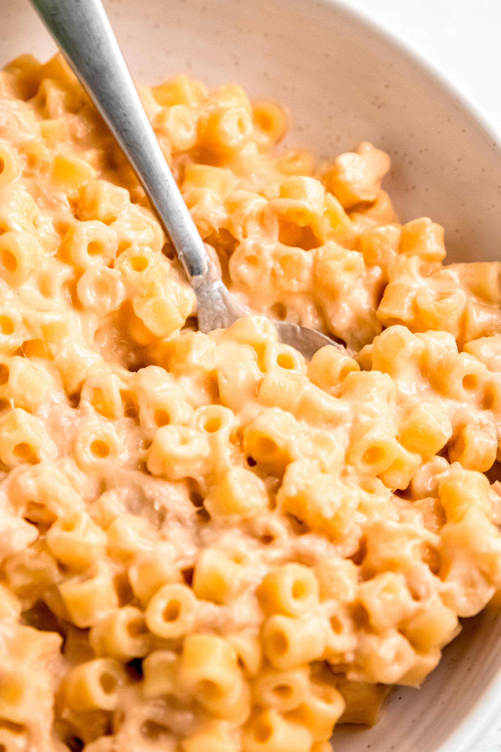 An up-close side shot of a bowl of tuna macaroni and cheese with a spoon.