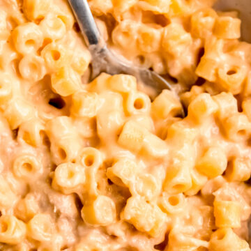 An up-close overhead shot of a bowl of tuna macaroni and cheese with a spoon in it.