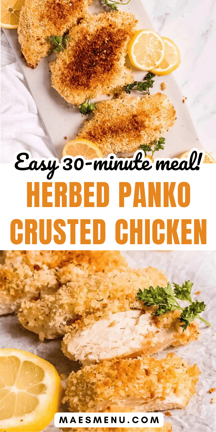 A pinterest pin for herbed panko crusted chicken