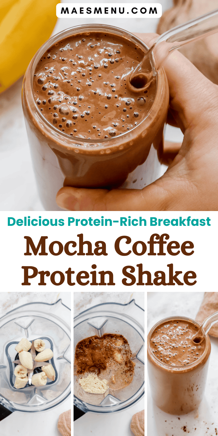 A pinterest pin for mocha coffee protein shake
