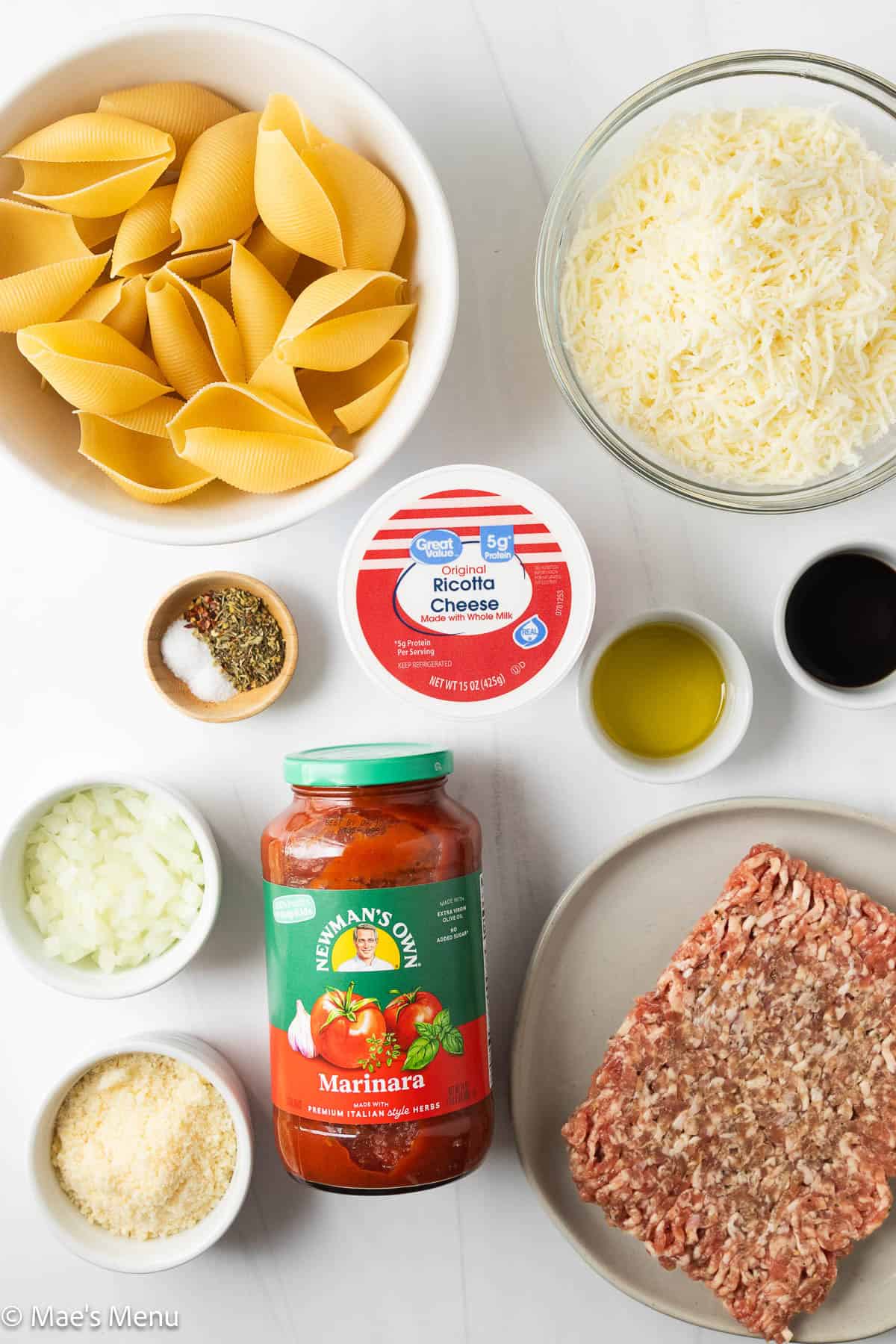 All the ingredients needed to make the cheese stuffed shells on the counter.