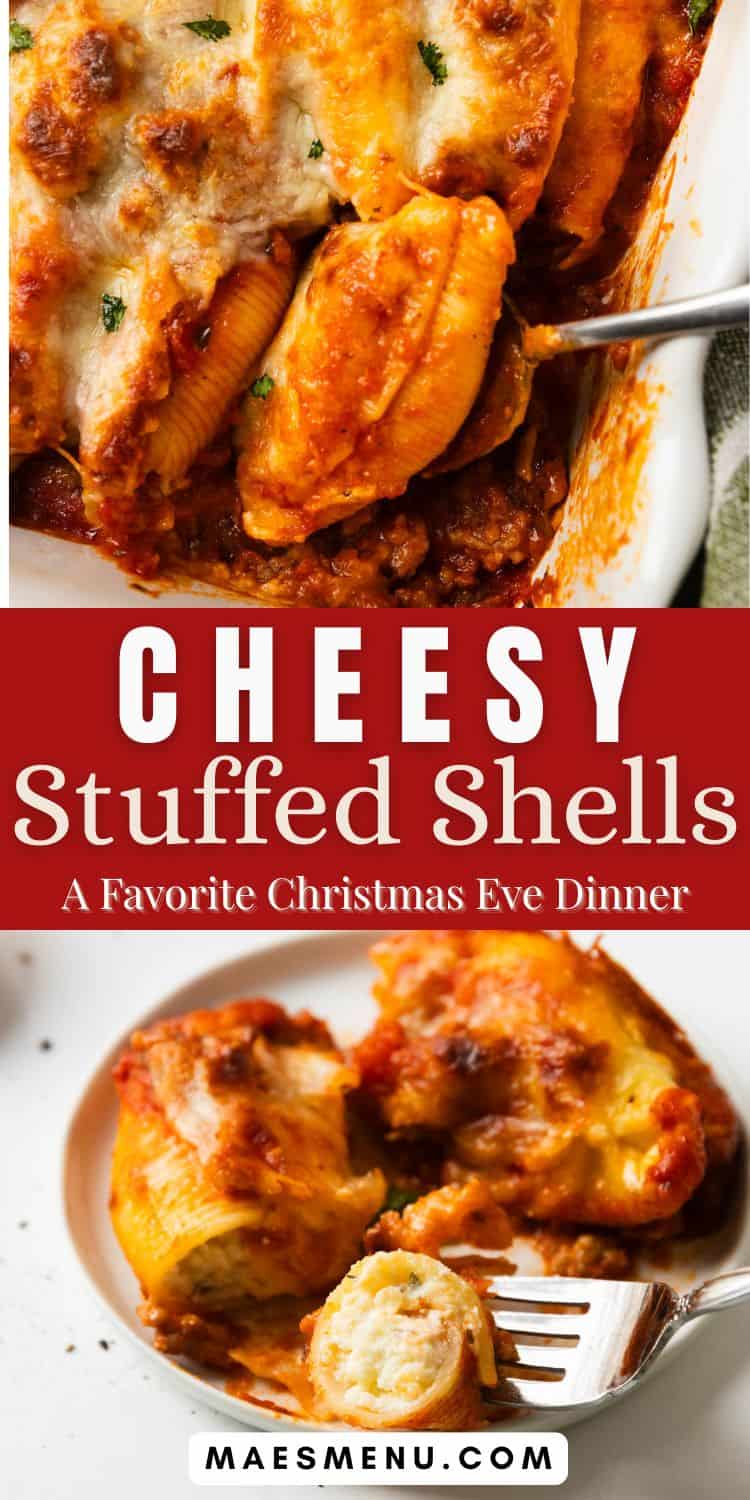 A pinterest pin for cheesy stuffed shells with two upclose images of the pasta.