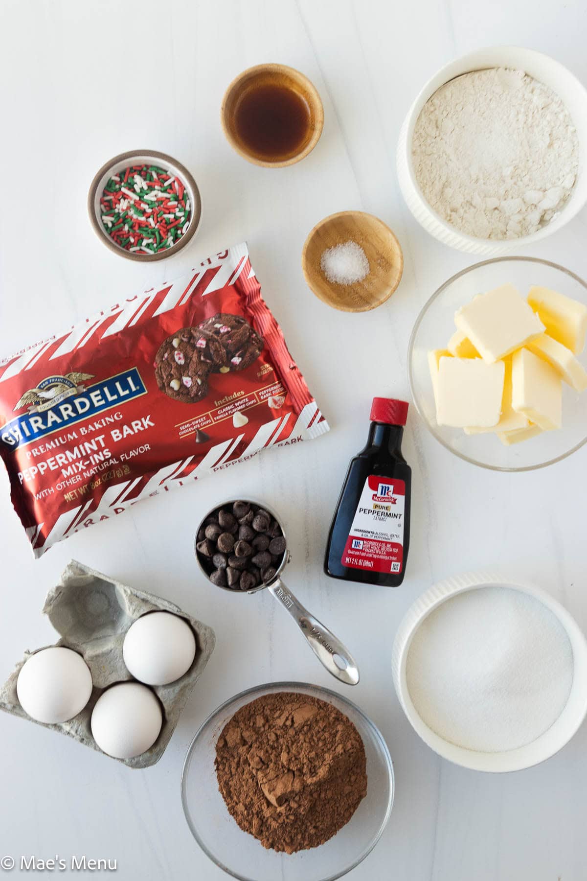All the ingredients for peppermint Christmas brownies. 