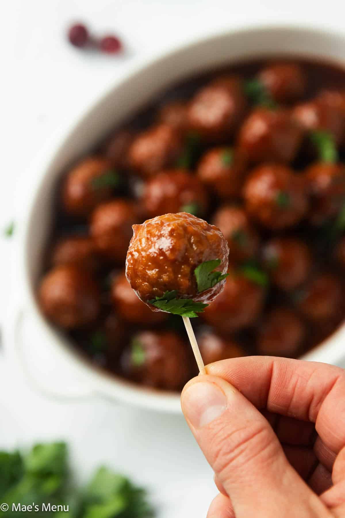 Close up shot of a hand holding a cranberry meatball on a toothpick.