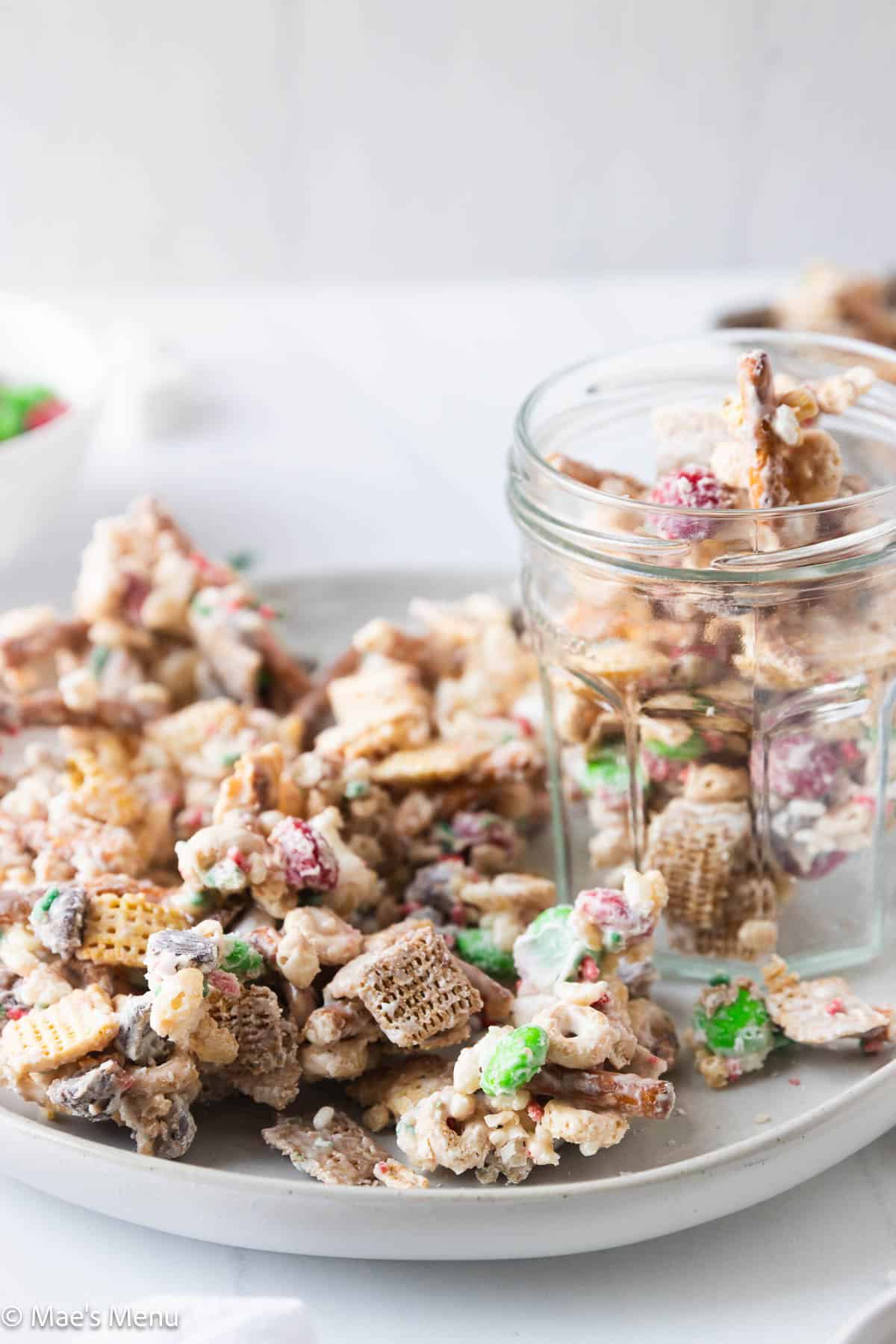 A close-up shot of the Christmas chex mix on the counter.