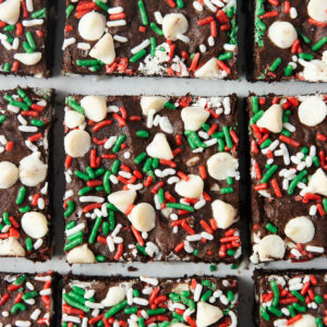 An overhead shot of sliced peppermint Christmas brownies.
