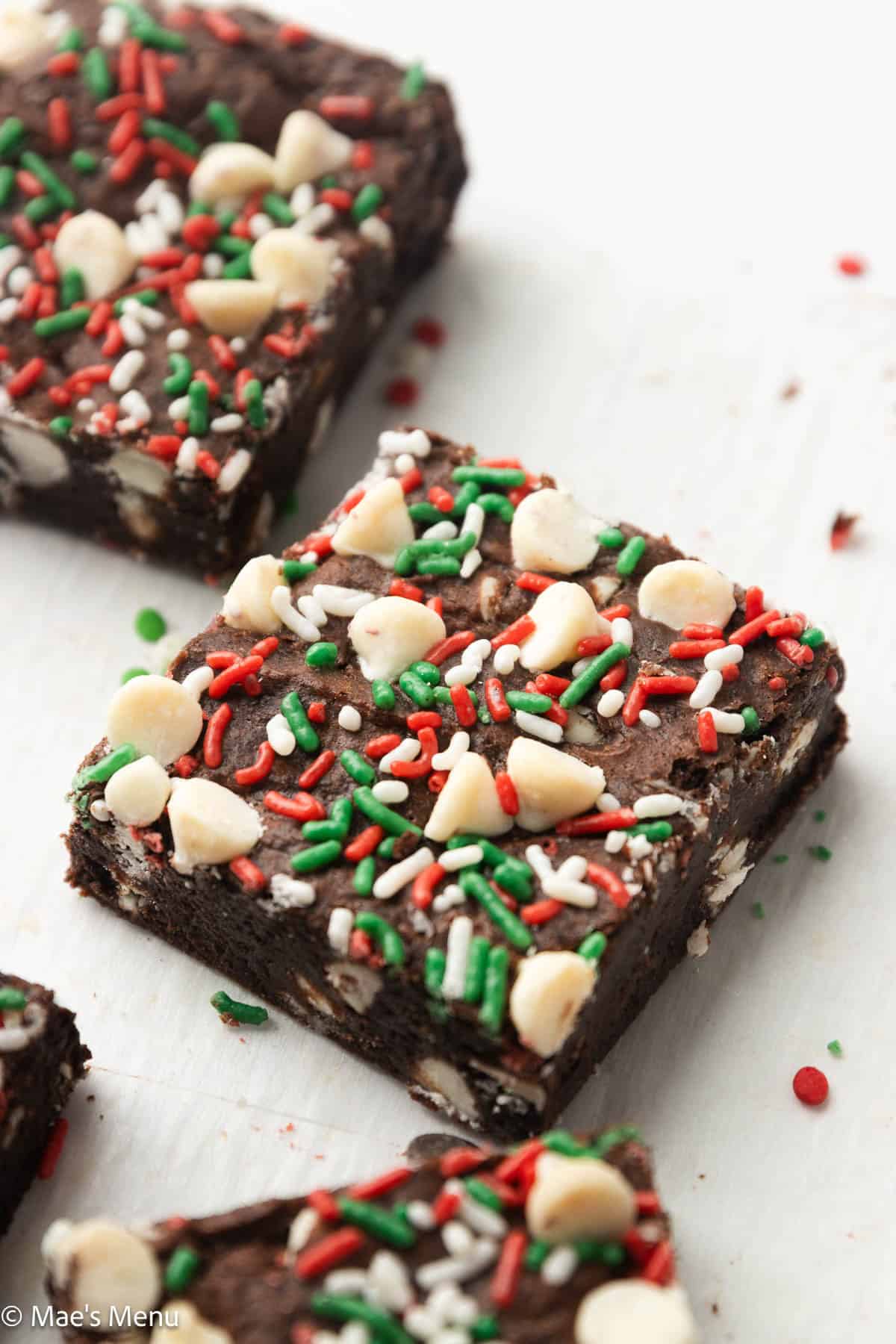 A close-up shot of the peppermint christmas brownies on the counter. 