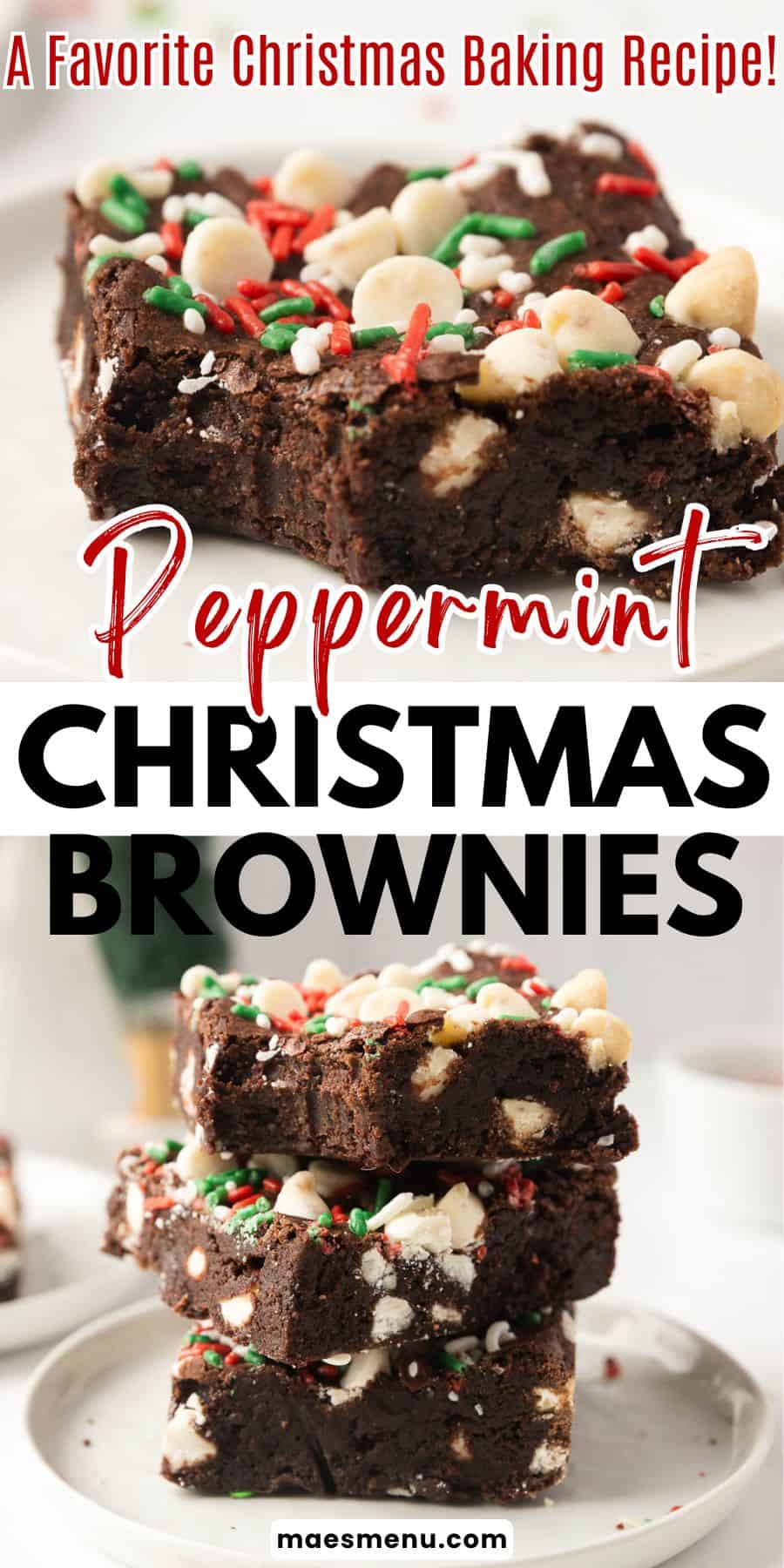 A pinterest pin for peppermint Christmas brownies with an up-close shot of the brownie with a bite taken out of it and a stack of the brownies. 