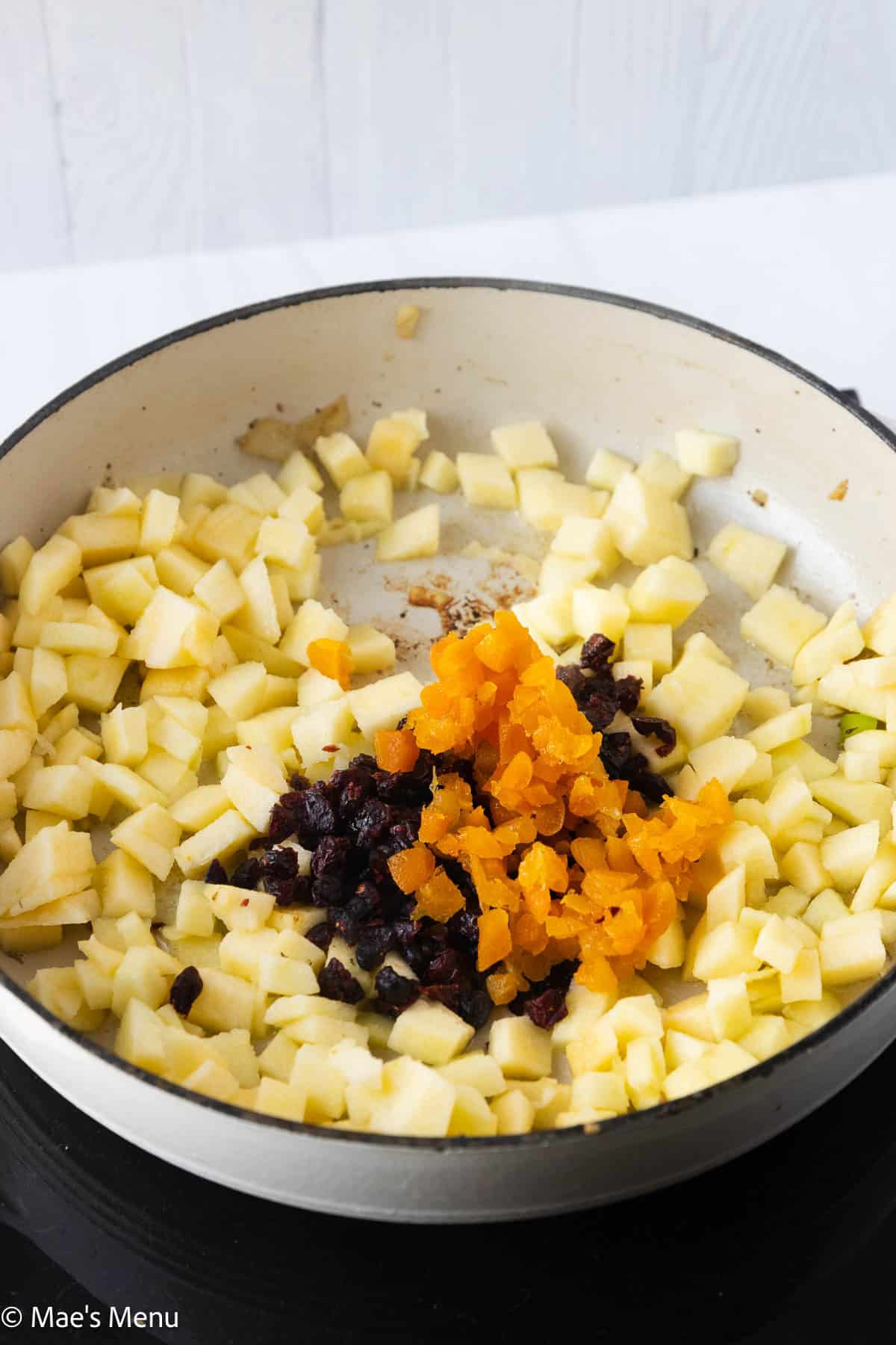 Chopped apples, cranberries, and chopped apricots in a large white pan.
