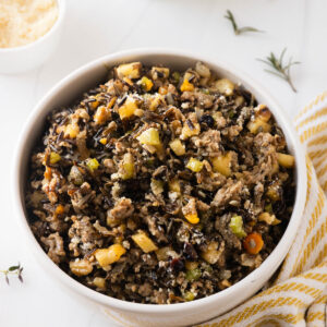 An overhead shot of a bowl of wild rice stuffing.
