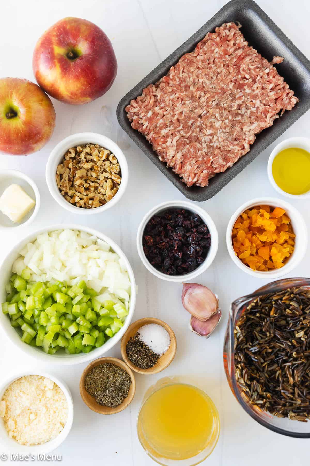 An overhead shot of all the ingredients needed to make wild rice stuffing.