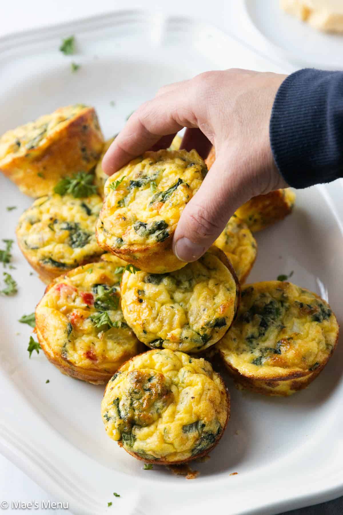 A hand grabbing a cottage cheese egg muffin from the serving platter.