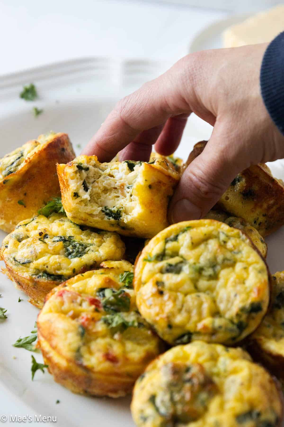 A close-up shot of a hand grabbing a cottage cheese egg muffin with a bite taken out of it.