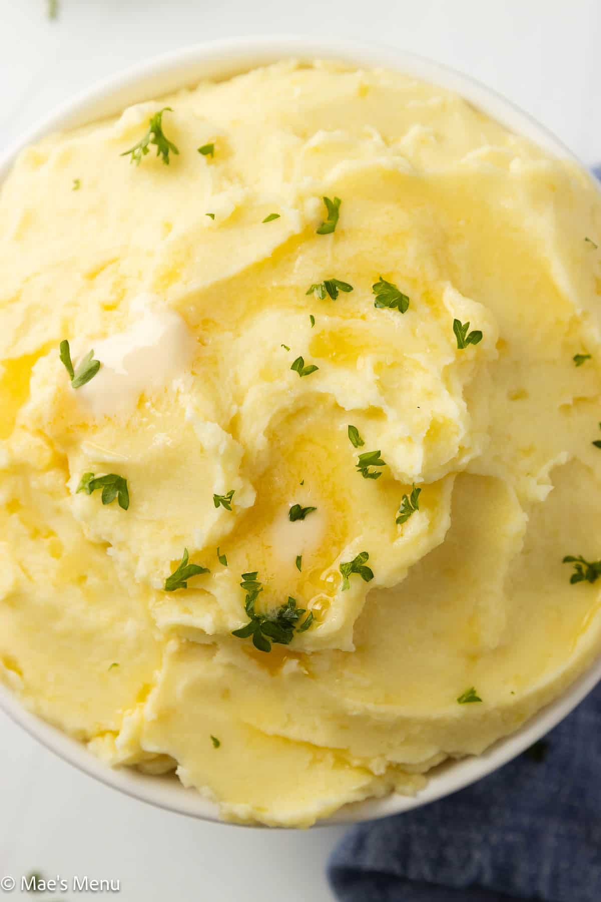 A close-up overhead shot of cream cheese mashed potatoes.