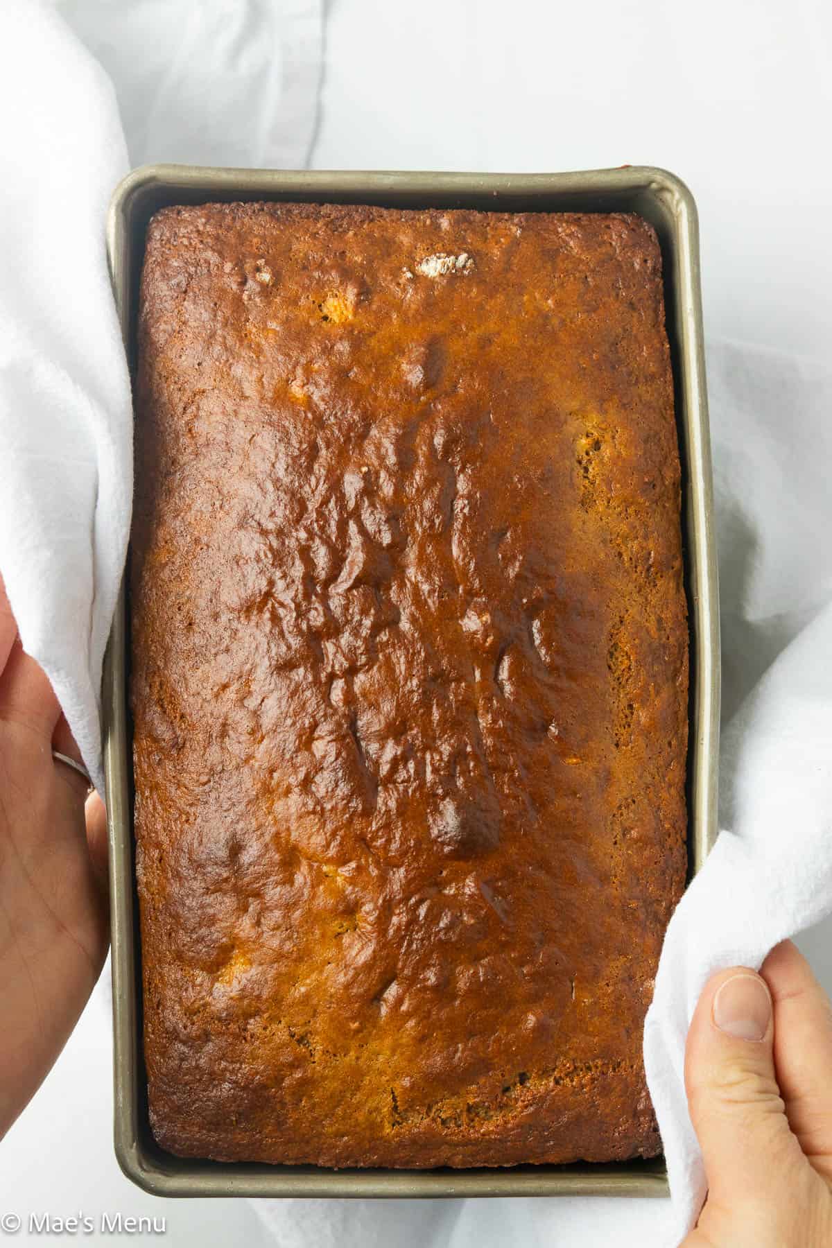 Placing a pan of baked high protein banana bread out to cool.