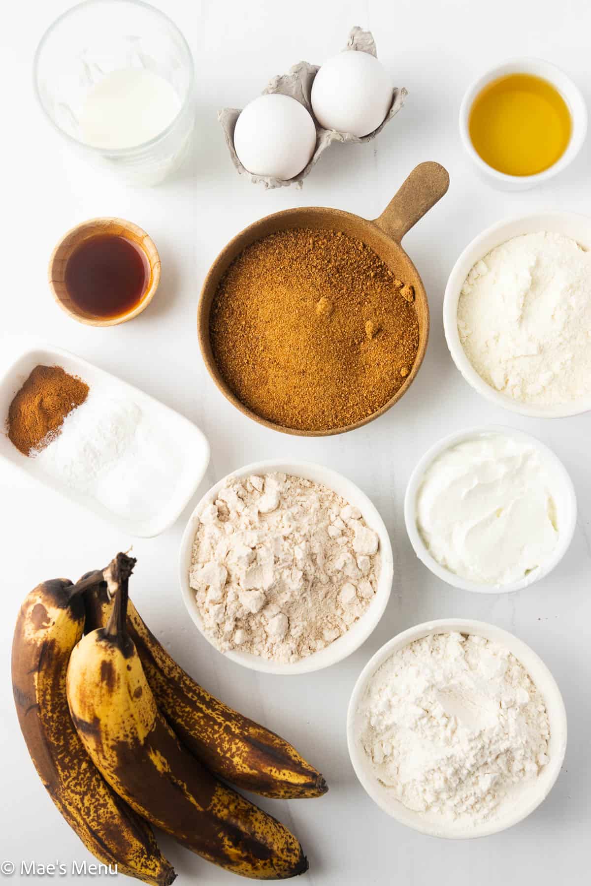 All the ingredients needed to make high protein banana bread.