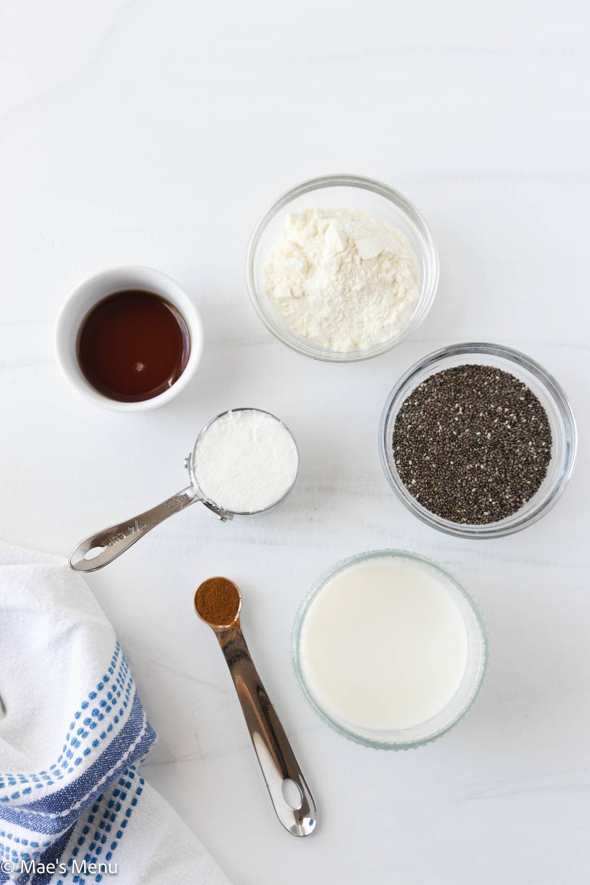 An overhead shot of all the ingredients needed to make protein chia pudding.