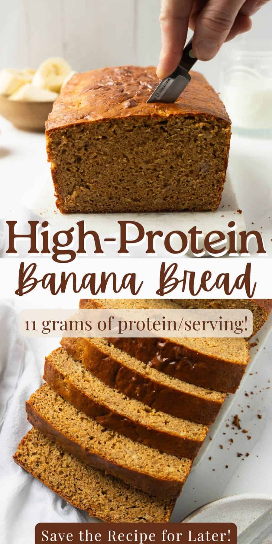 A pinterest pin for high-protein banana bread.
